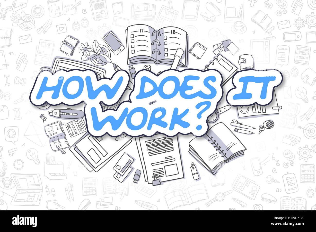 Comment ça marche - Doodle mot bleu. Concept d'entreprise. Banque D'Images