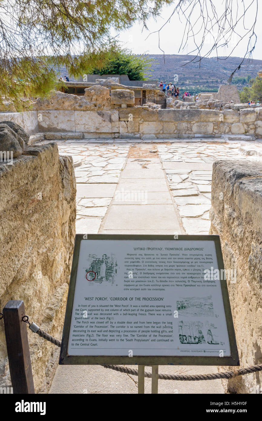 Le conseil d'information sur le porche ouest et du Corridor de la Procession à Cnossos, Héraklion, Crète, Grèce Banque D'Images