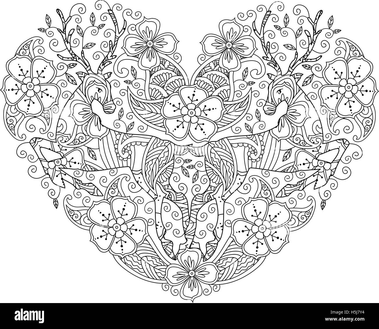 Coloriage avec running deer et cercle floral. Illustration de Vecteur