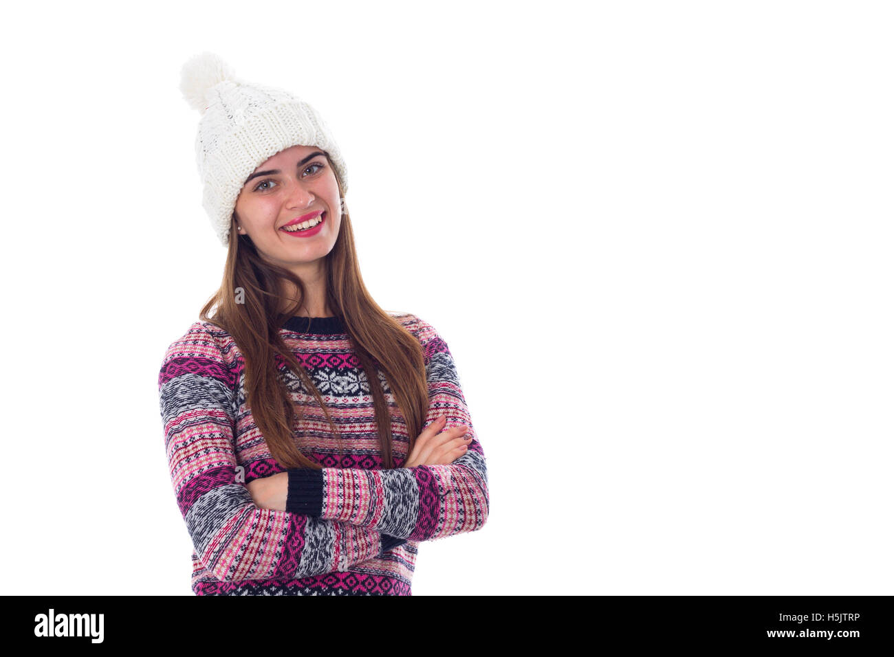 Femme en chandail et white hat Banque D'Images