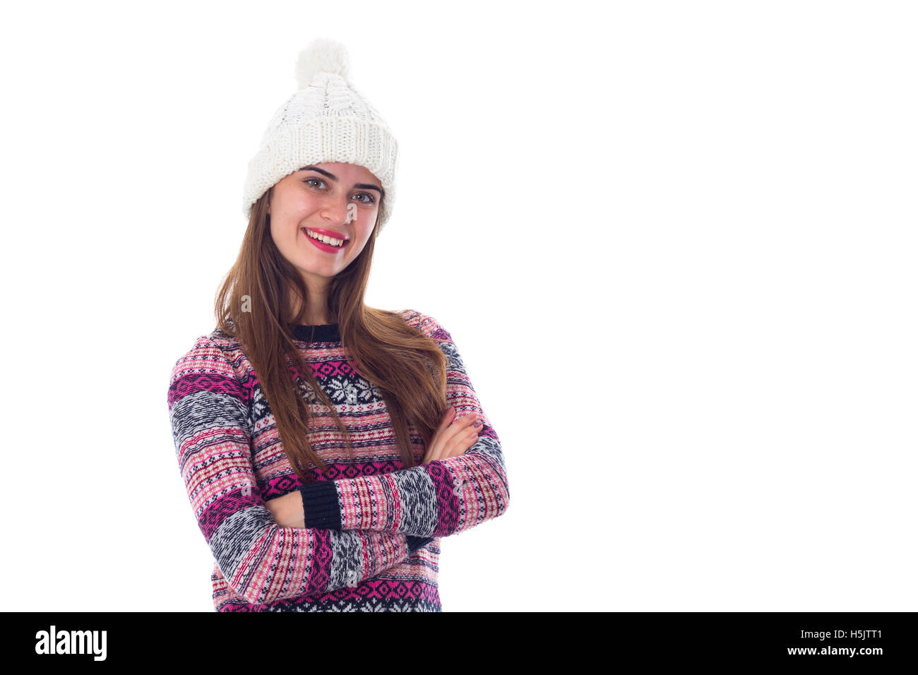 Femme en chandail et white hat Banque D'Images