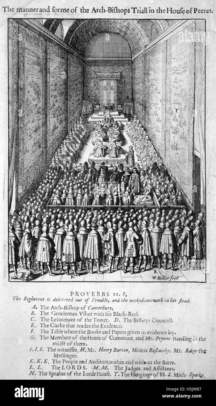 WILLIAM LAUD (1573-1645) archevêque de Canterbury. Son procès à la Chambre des Lords dans une gravure contemporaine de Wenceslas Hollar Banque D'Images
