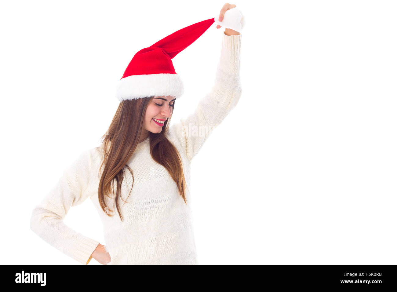 Woman in red christmas hat Banque D'Images