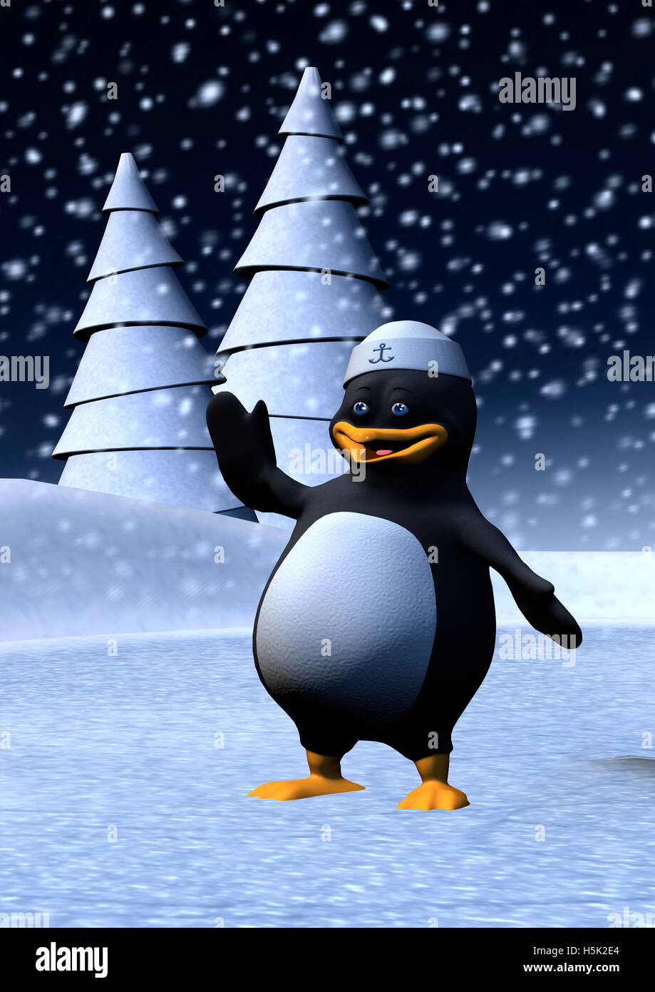 Numérique 3D render of a cute penguin portant un chapeau de marin sur un fond de paysage d'hiver Banque D'Images