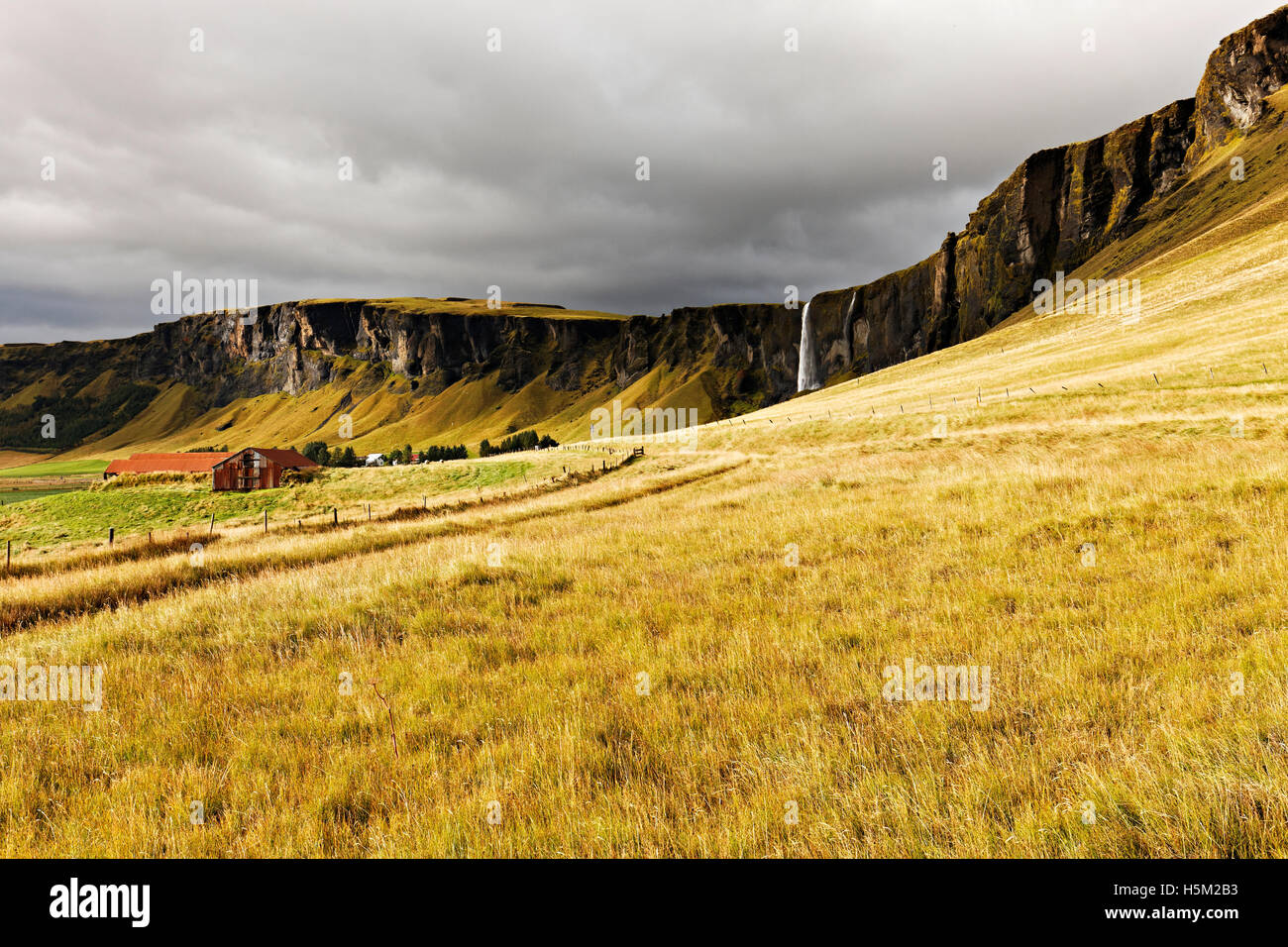 Hangar agricole dans paysage de montagnes (falaises) avec cascade, au Sud Est de l'Islande, de l'Atlantique Nord, Europe Banque D'Images