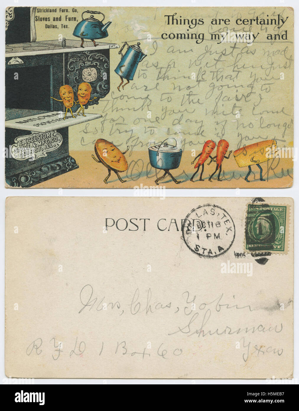 Une carte postale de Dallas, Texas, avec un message optimiste et des images emblématiques de la ville. La carte reflète le style du milieu du XXe siècle des cartes postales de voyage populaires aux États-Unis Banque D'Images