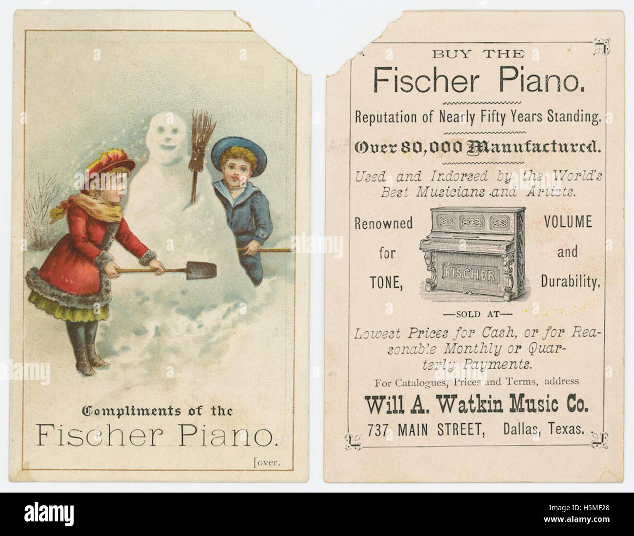 Cette image présente des publicités pour des pianos et des cartes commerciales, mettant en valeur le matériel de marketing utilisé pour promouvoir les ventes de pianos. Les supports publicitaires représentent les pratiques commerciales et les méthodes publicitaires du milieu du XXe siècle. Banque D'Images