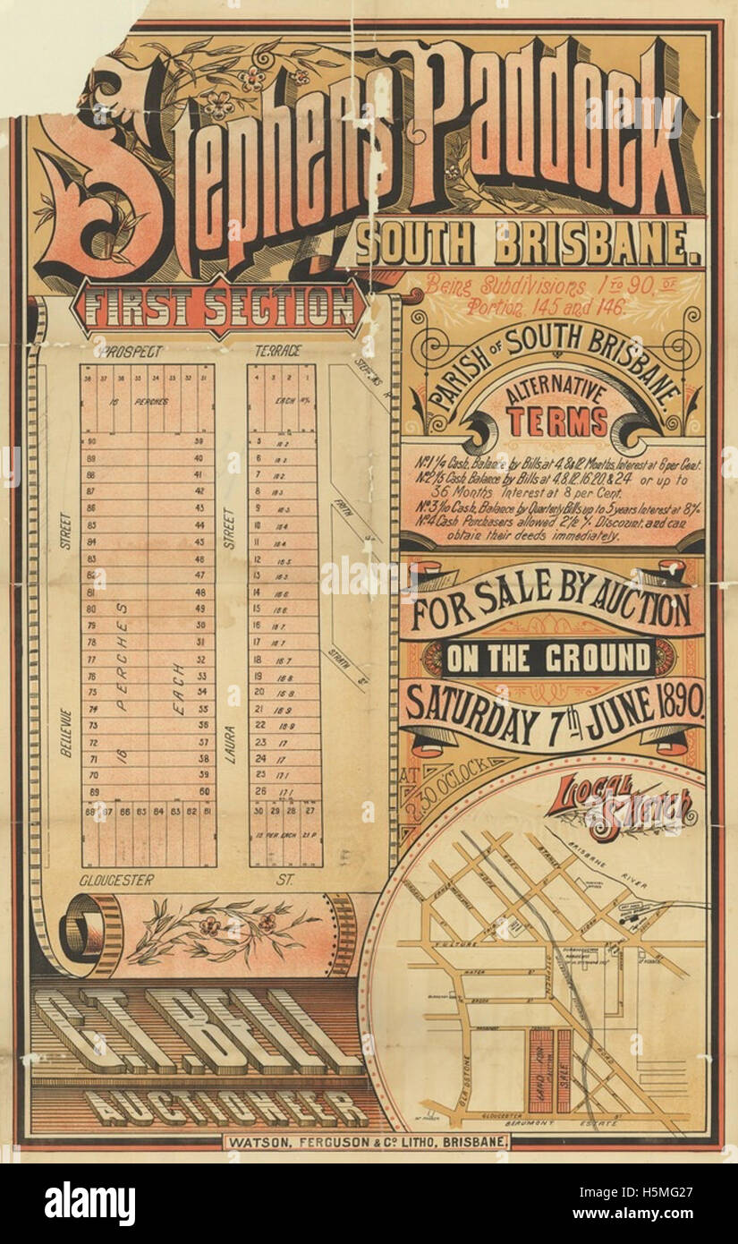 Cette carte immobilière représente la première section du Stephens Paddock Estate, situé dans la région sud. La carte fournit des parcelles et des plans détaillés pour le développement du domaine, illustrant les premières étapes de la division des terres et de la répartition des propriétés à des fins résidentielles ou commerciales. Banque D'Images