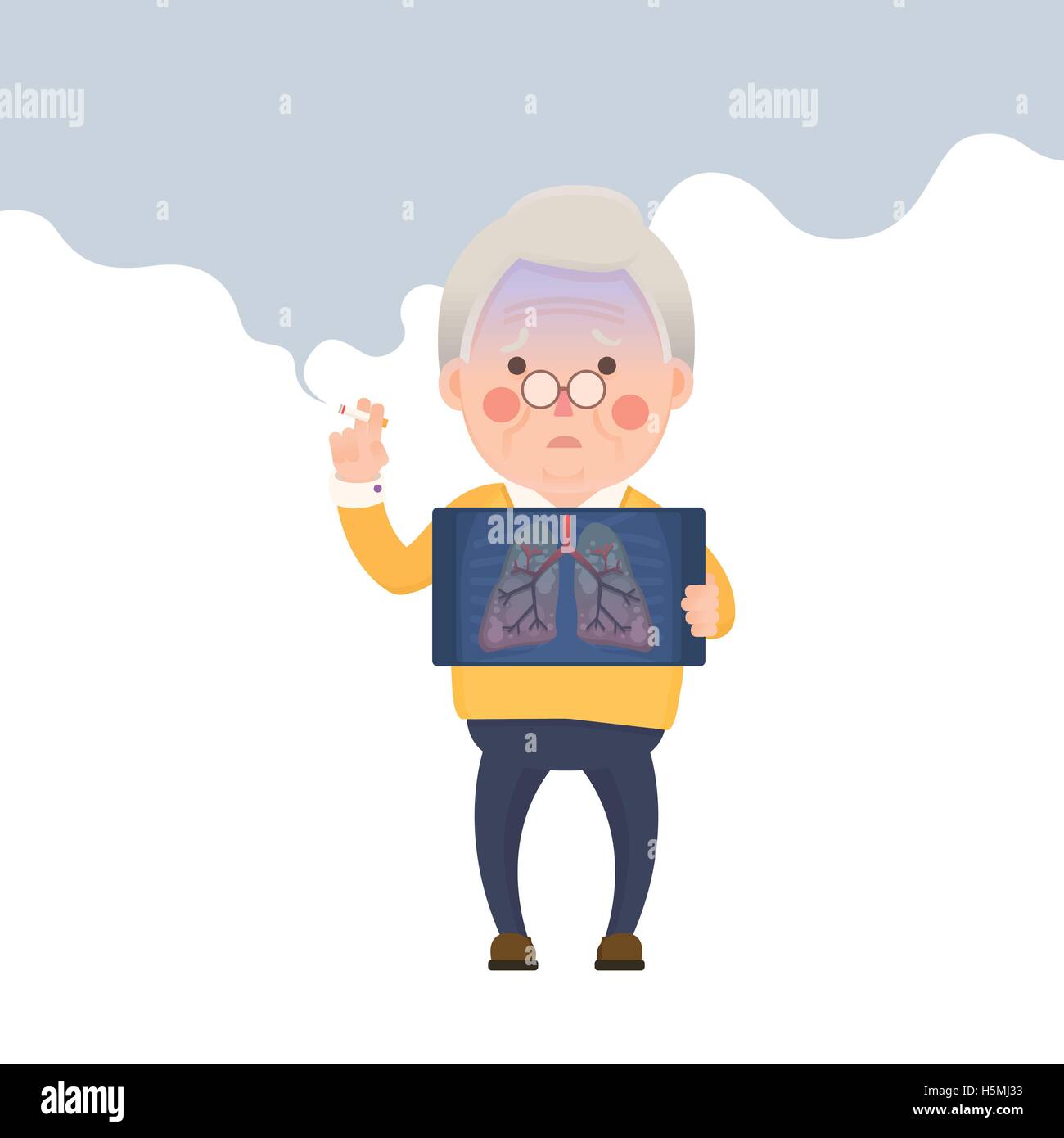 Vector Illustration du vieil homme Cigarette tout en Holding X-ray image montrant l'emphysème pulmonaire problème pulmonaire Illustration de Vecteur