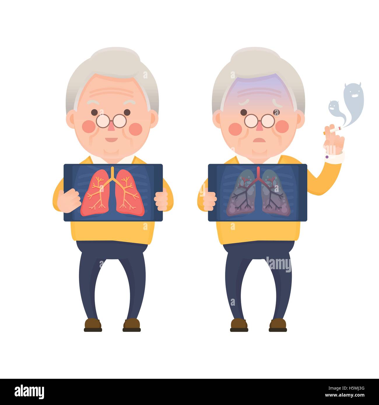 Vector Illustration of Old Man Holding X-ray image montrant des poumons sains Comparer avec Sad Man problème pulmonaire Illustration de Vecteur