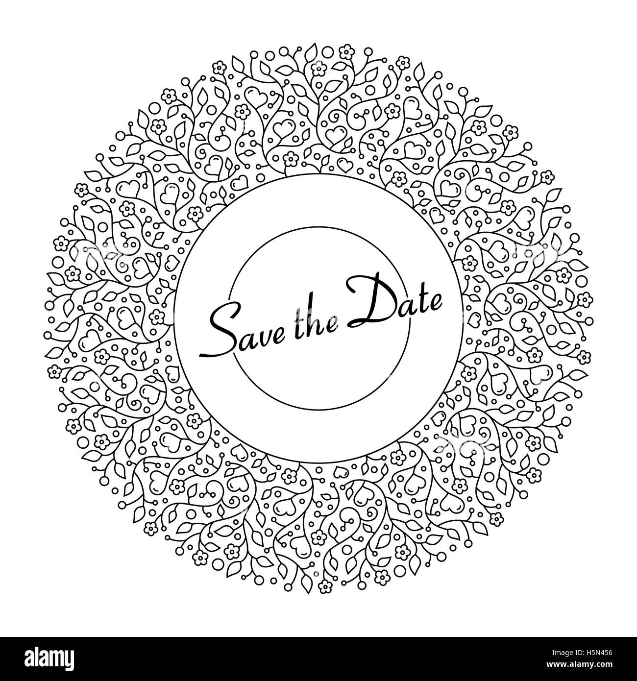 Vector illustration d'ornement rond modèle floral avec des fleurs, des feuilles et des coeurs pour les invitations de mariage et carte de souhaits Illustration de Vecteur