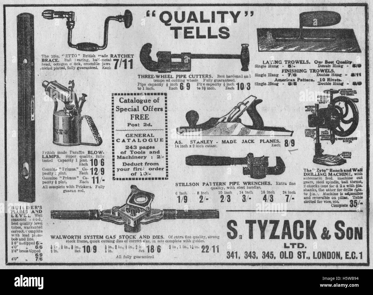 Publicité vintage pour les outils et l'équipement indemnisations S. Tyzack & Son Ltd. du 20 décembre 1935 l'illustre charpentier et Builder magazine Banque D'Images