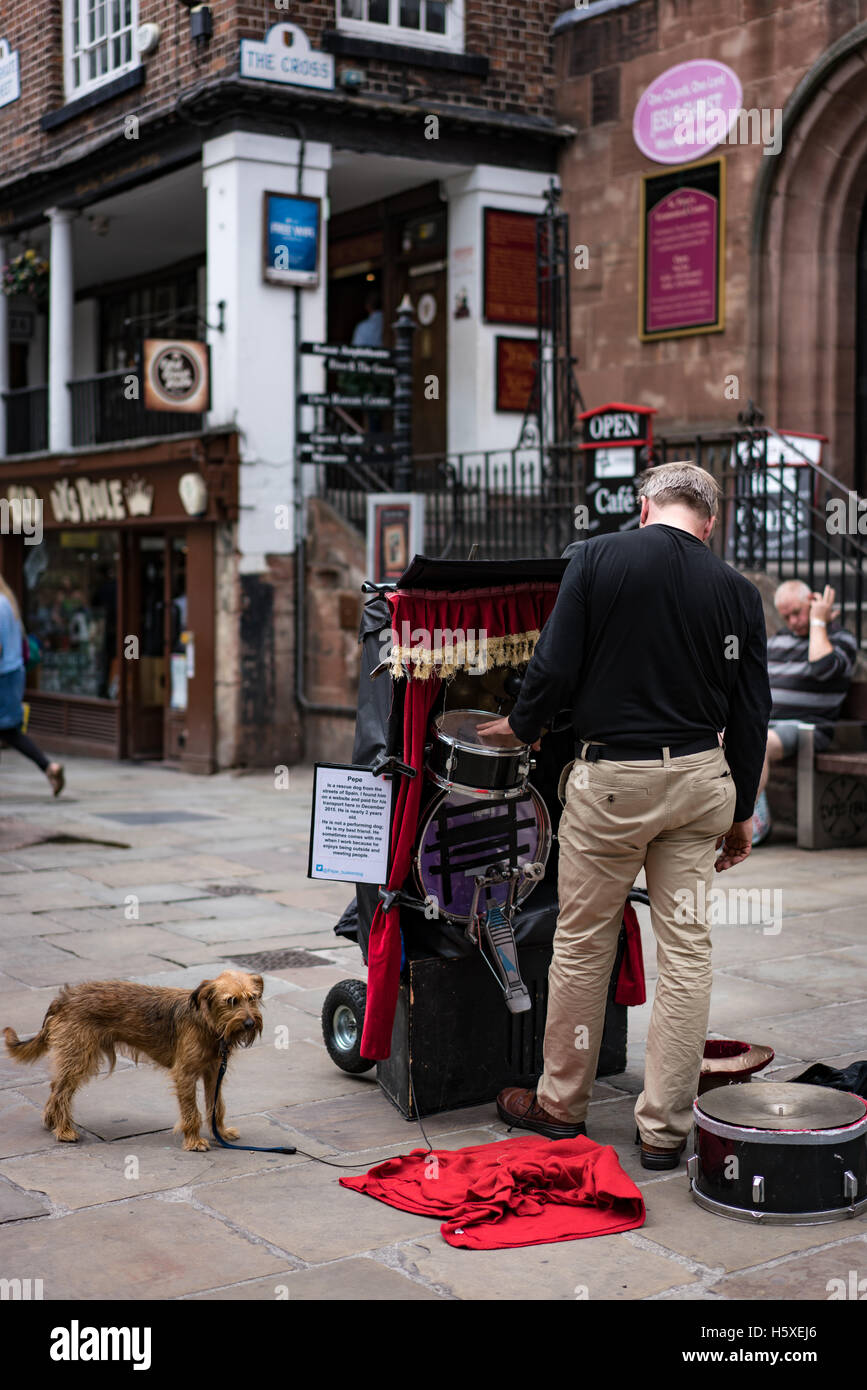 Un artiste de rue et son chien fidèle assistant créé à Chester Croix. Banque D'Images