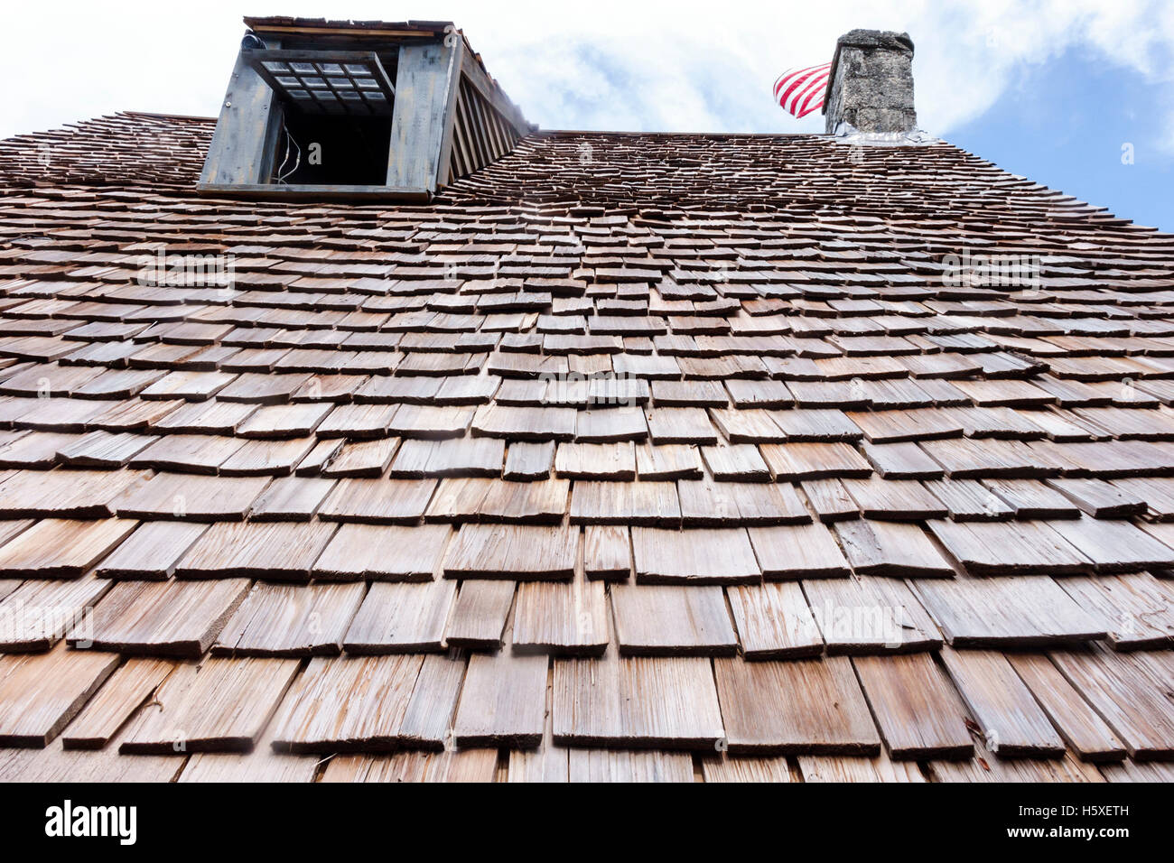 Saint Augustine Floride, St. George Street, la plus ancienne école en bois, toit, bardeaux de bois, les visiteurs Voyage tourisme touristique repère lan Banque D'Images