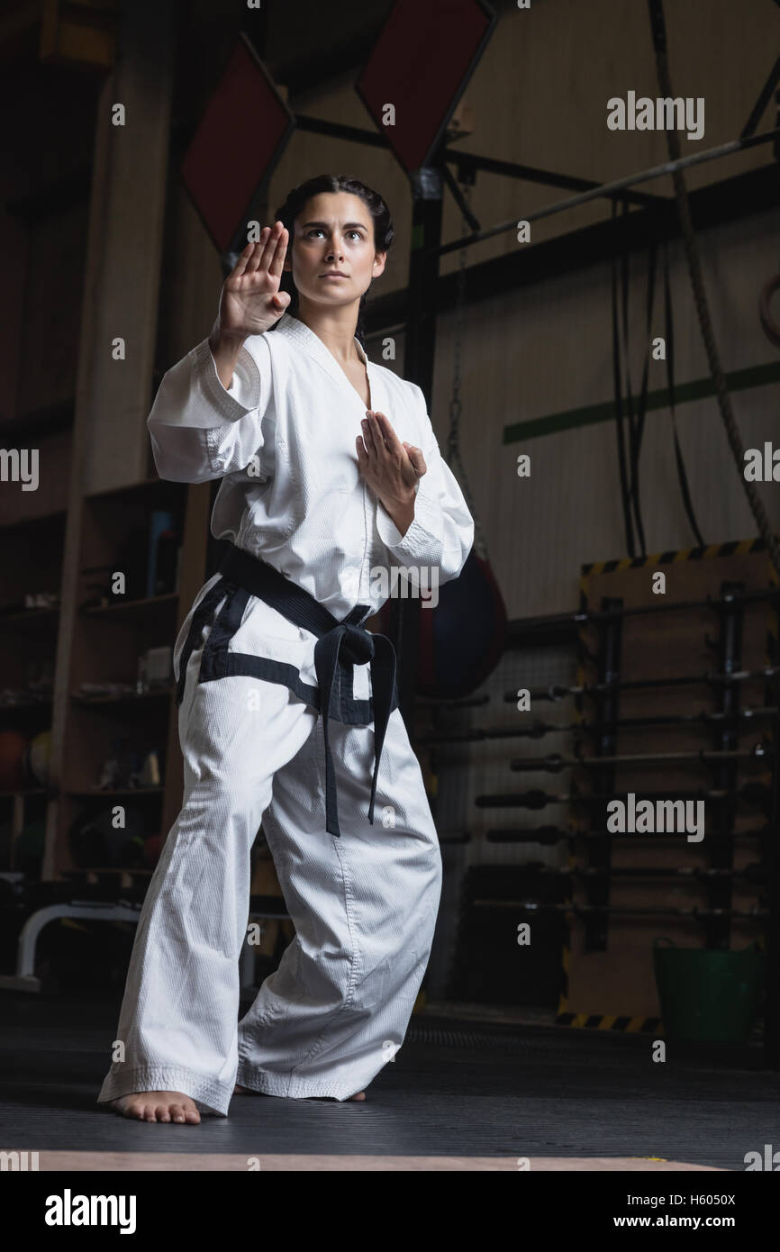 Woman practicing karate Banque D'Images