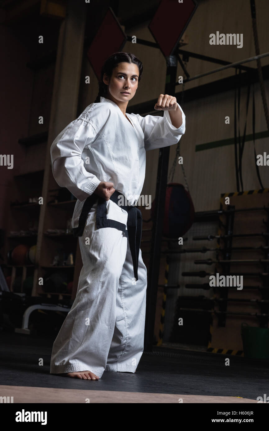 Woman practicing karate Banque D'Images