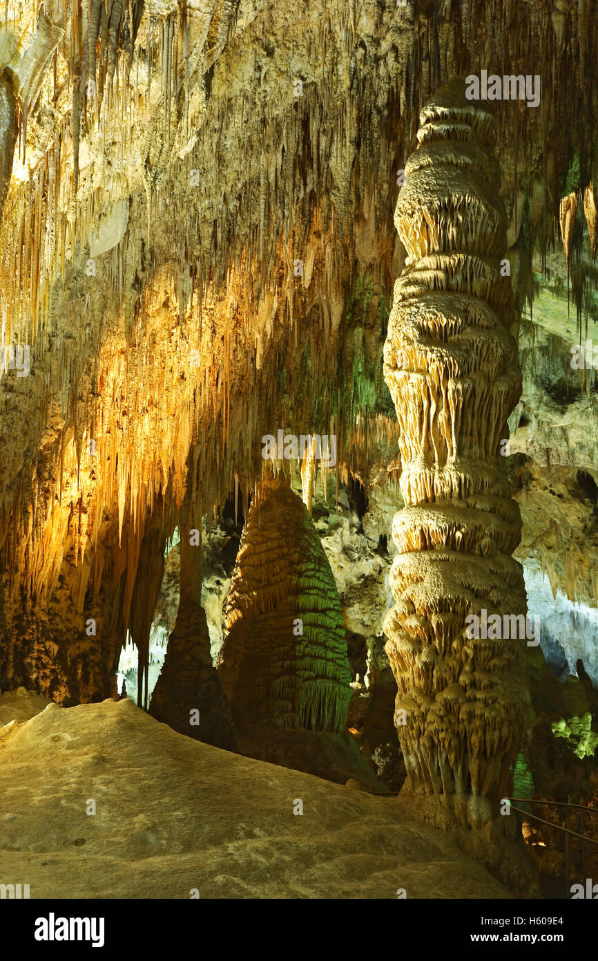 Stalactites et colonne, grande salle, Carlsbad Caverns National Park, Nouveau Mexique USA Banque D'Images