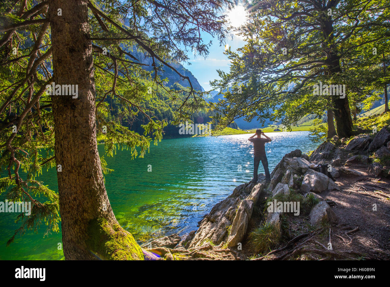 Young man photographing Seealpsee avec les Alpes Suisses (mountain Santis), Appenzeller Land, Suisse Banque D'Images