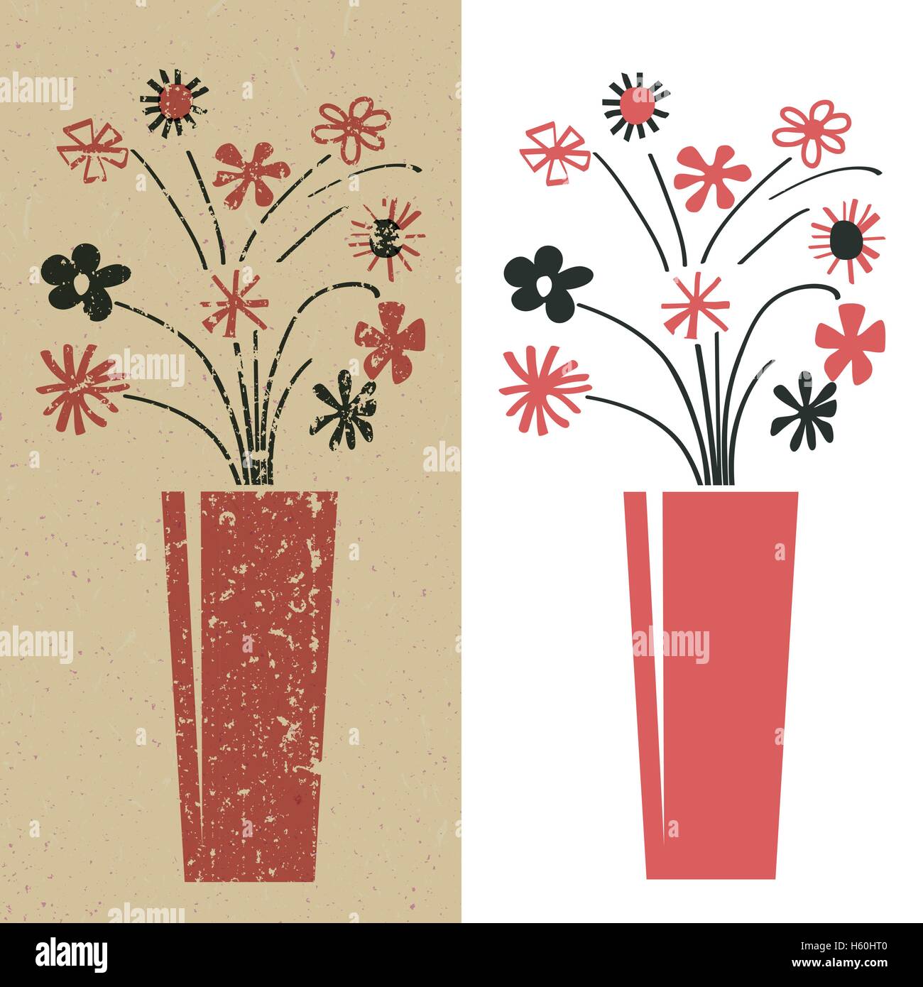 Illustration vintage bouquet de fleurs en rouge et noir, grunge et lisse Illustration de Vecteur