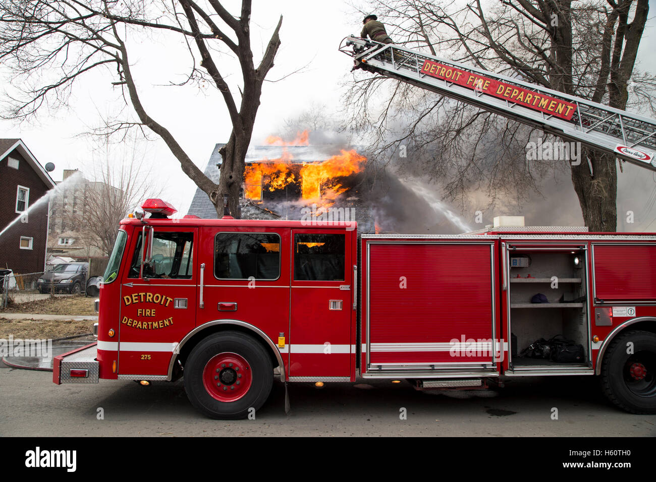 Camion pompiers aériens et d'extinction d'incendie, Detroit, Michigan USA Banque D'Images