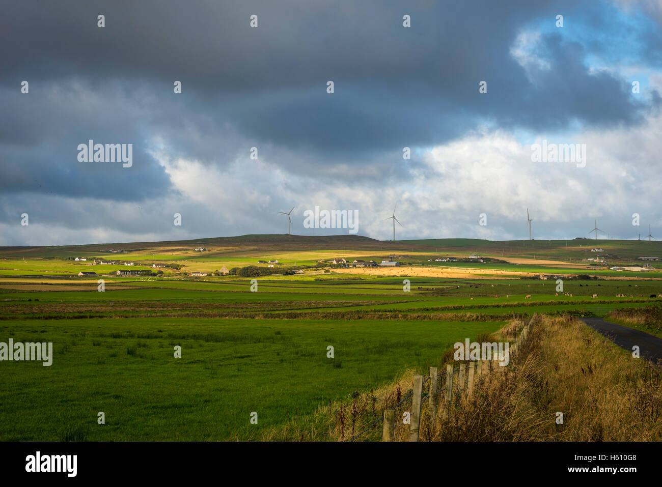 Fermes et éoliennes près de Evie sur terre ferme, Orkney, Scotland, UK Banque D'Images