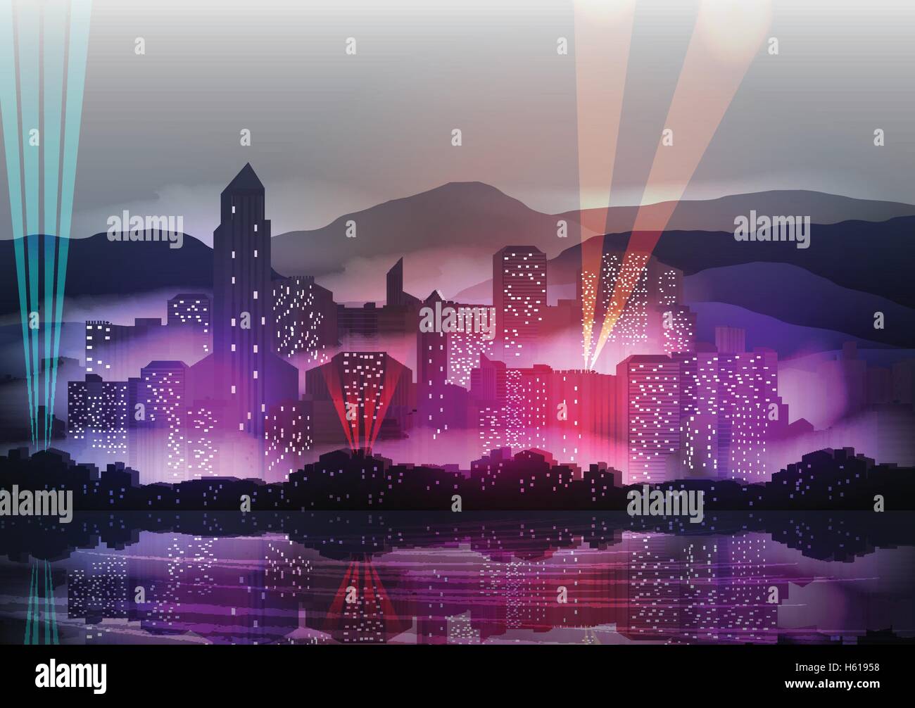 City Skyline at Night reflétée dans l'eau - Vector Illustration Illustration de Vecteur