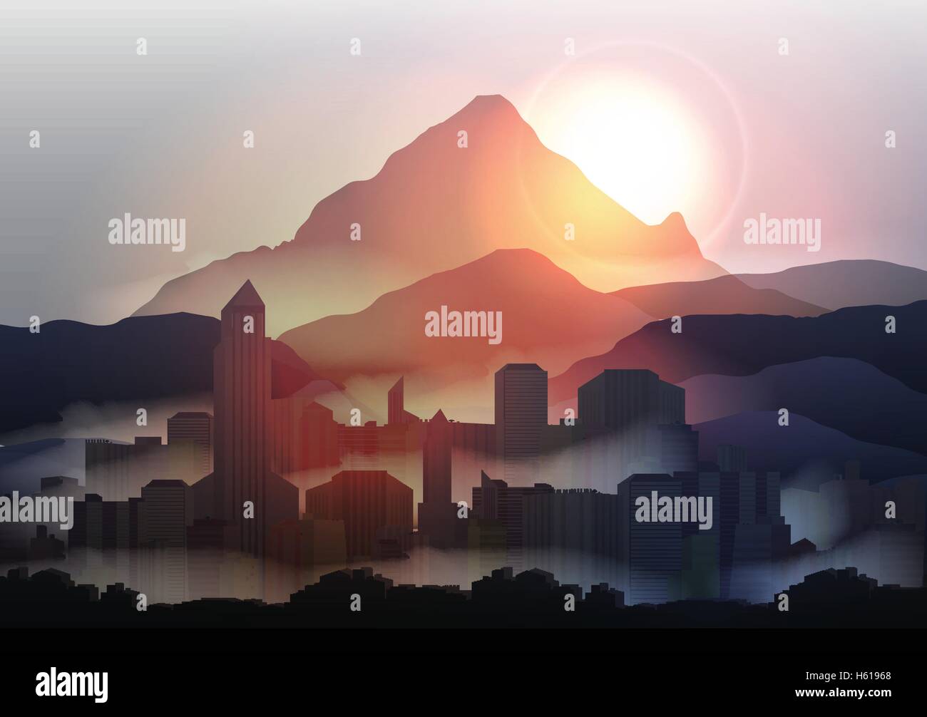 Sur les toits de la ville au coucher du soleil dans les montagnes - Vector Illustration Illustration de Vecteur