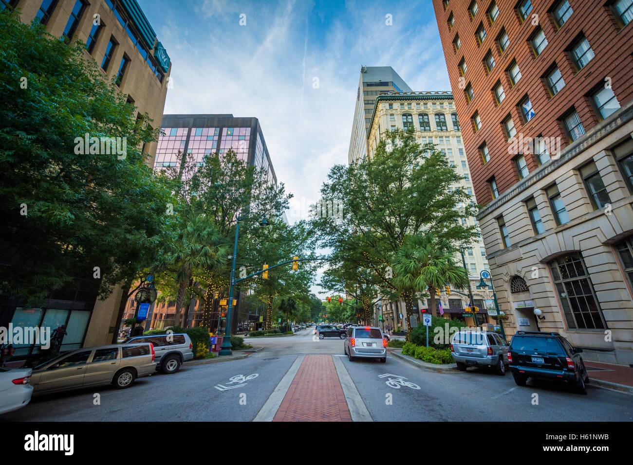 Les bâtiments sur la rue Main, au centre-ville de Columbia, Caroline du Sud. Banque D'Images