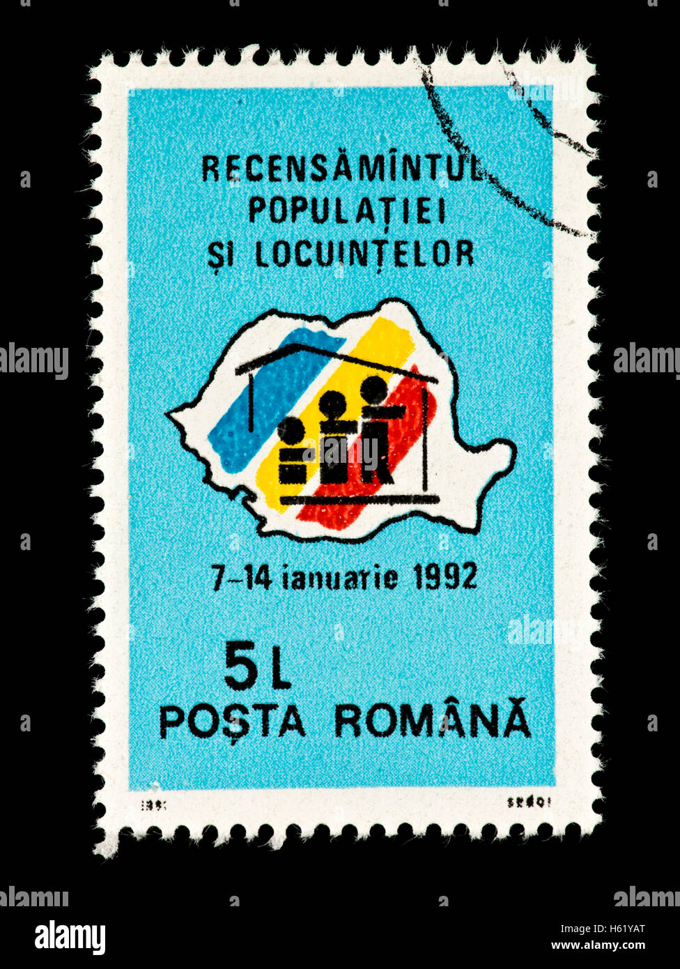 Timbre-poste de Roumanie illustrant les symboles pour le recensement national. Banque D'Images