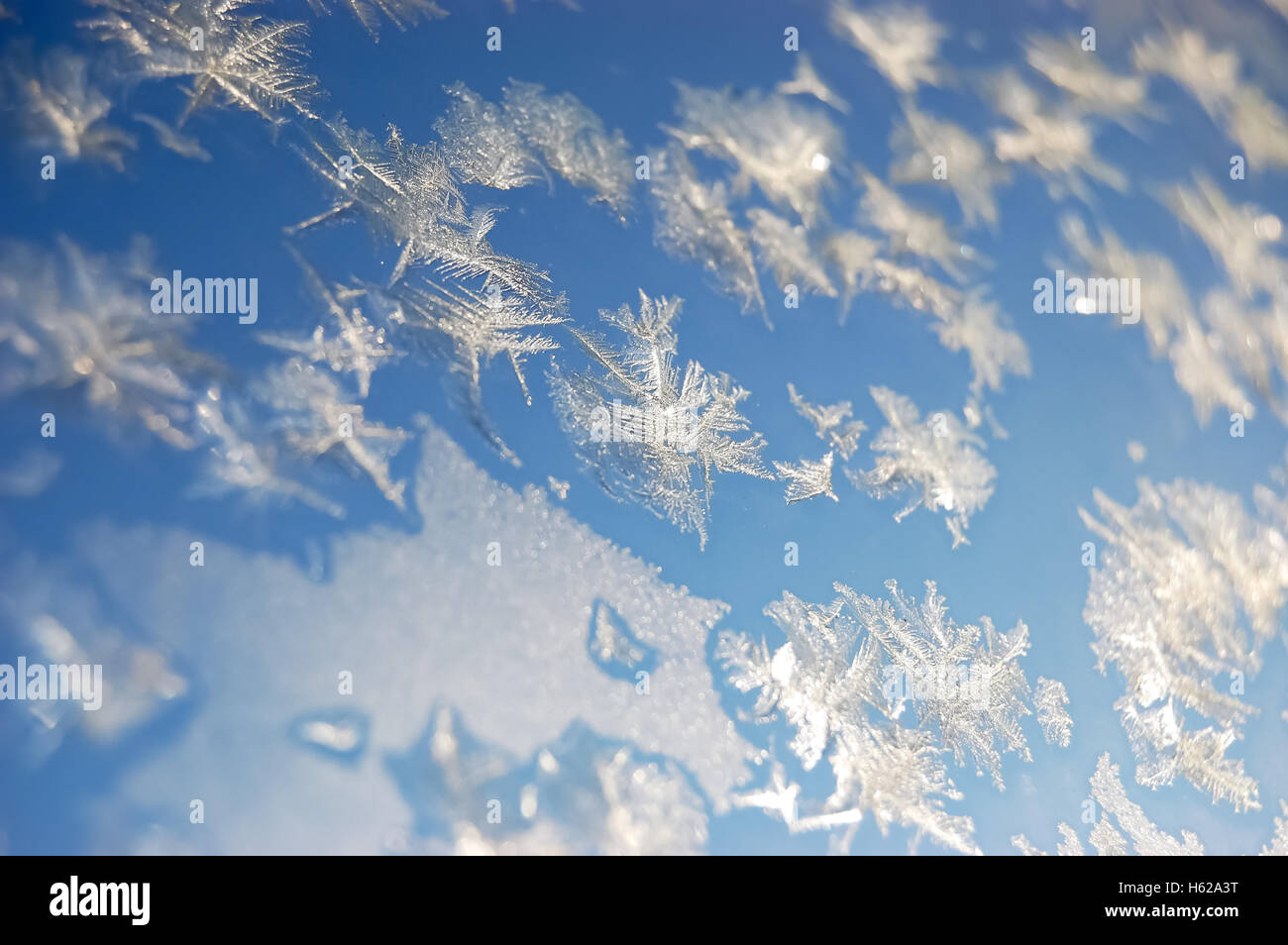 Flocons mousseux sur une fenêtre contre le ciel bleu. Banque D'Images
