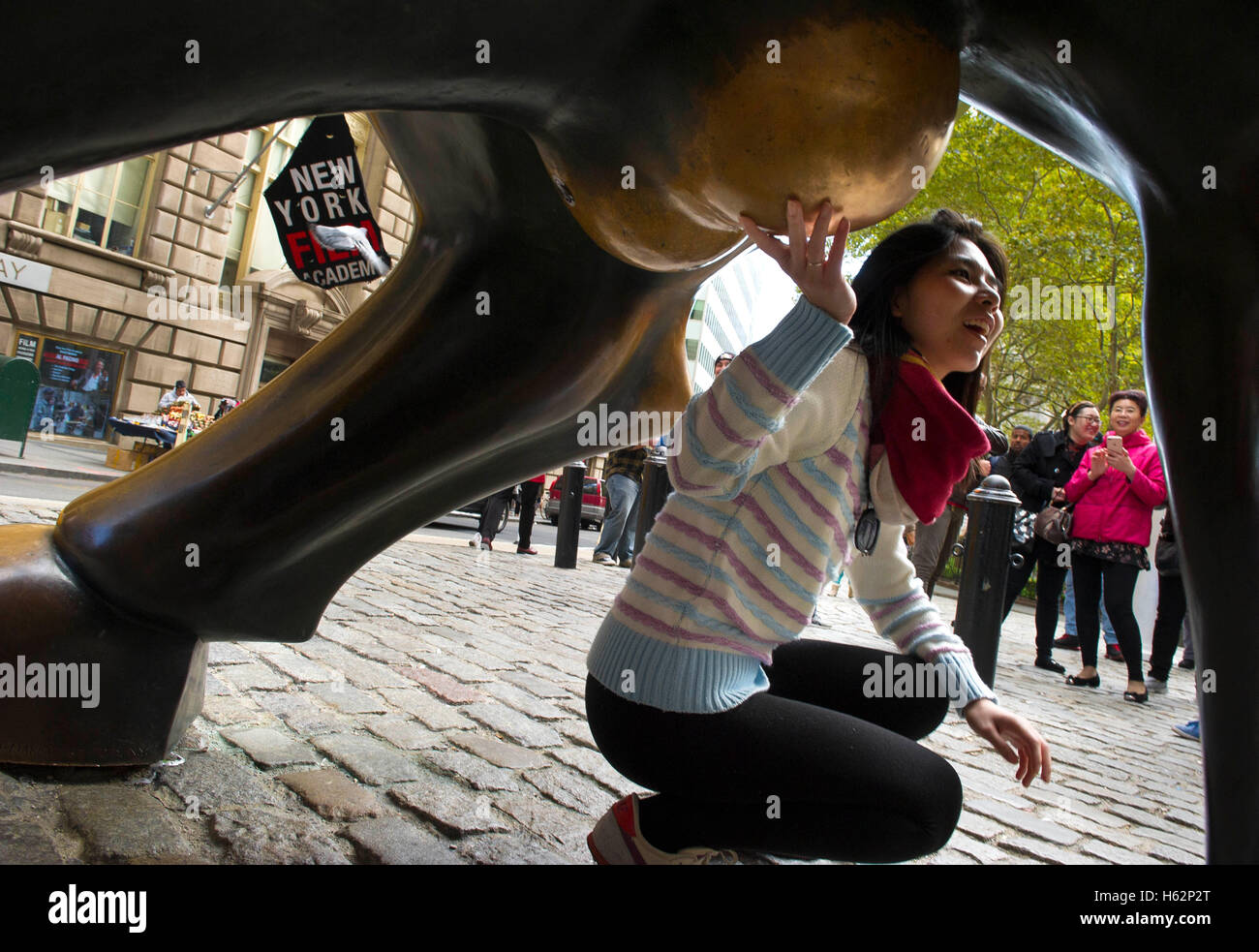 New York, New York, USA. 23 Oct, 2016. Un touriste pose pour une photo avec  la grande charge de la testicules bronze statue Bull dans le quartier  financier de la ville de