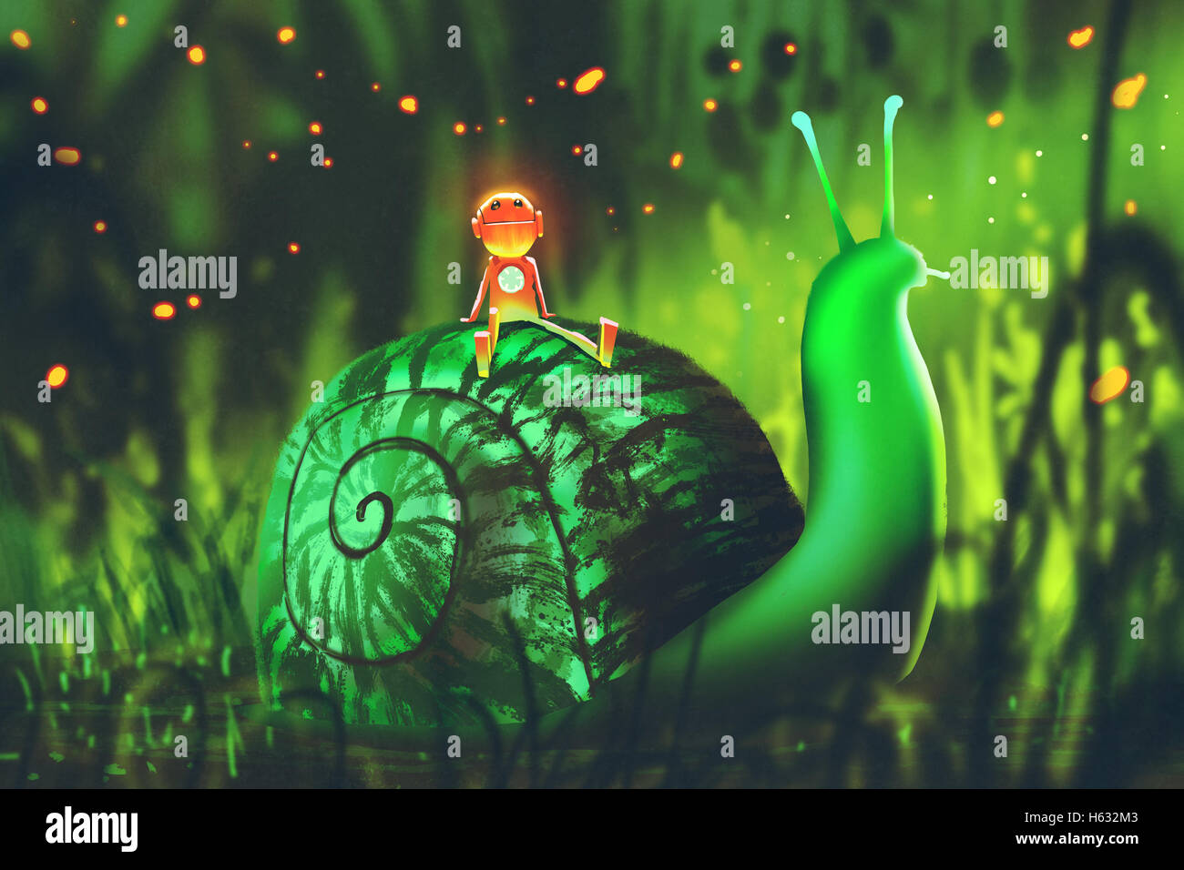 Escargot vert avec robot mignon est assis sur son dos contre la forêt de nuit,illustration peinture Banque D'Images