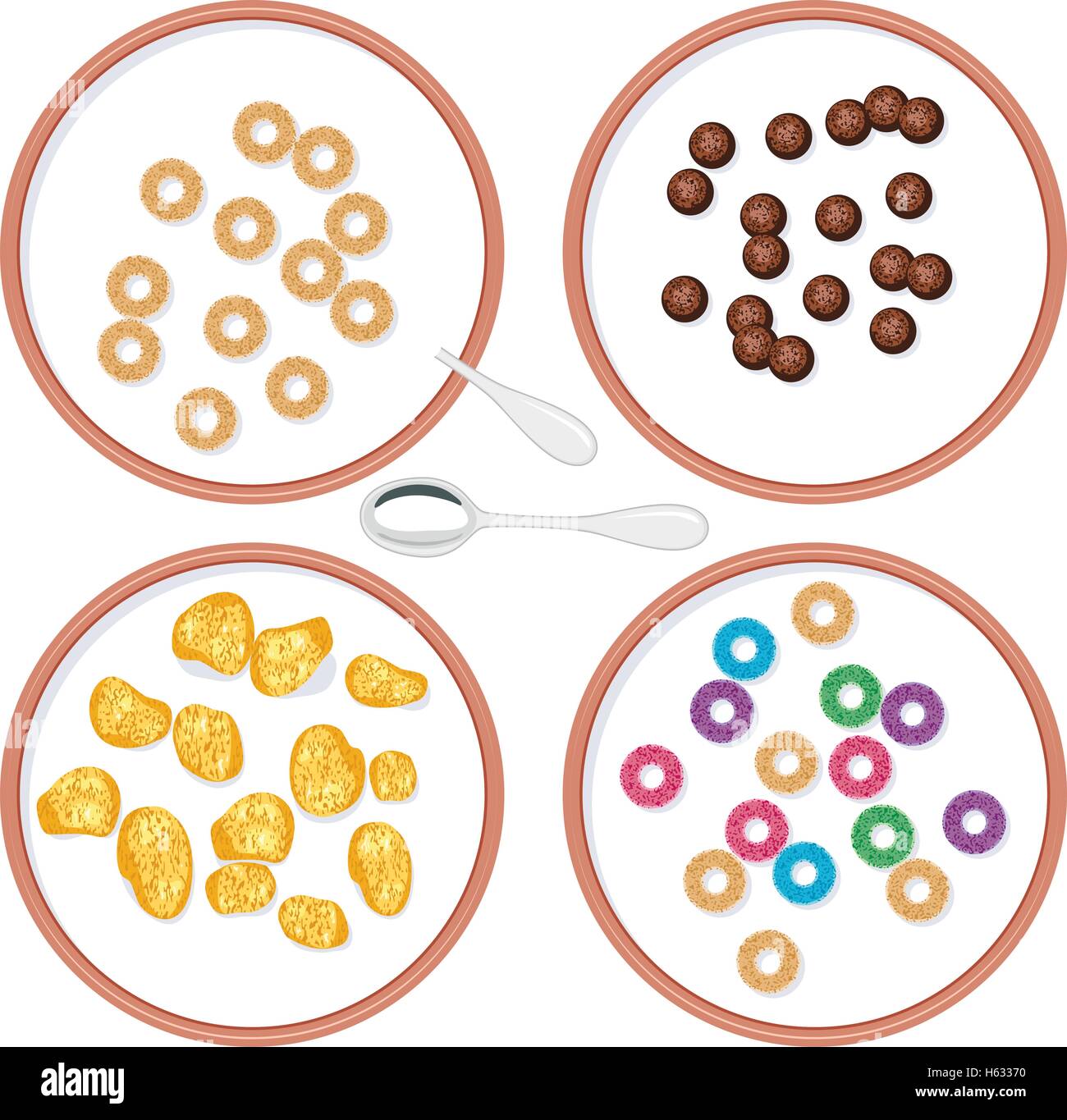 Vue de dessus du vecteur Ensemble de bols de céréales à grains entiers avec petit-déjeuner dans le lait pour les enfants Illustration de Vecteur