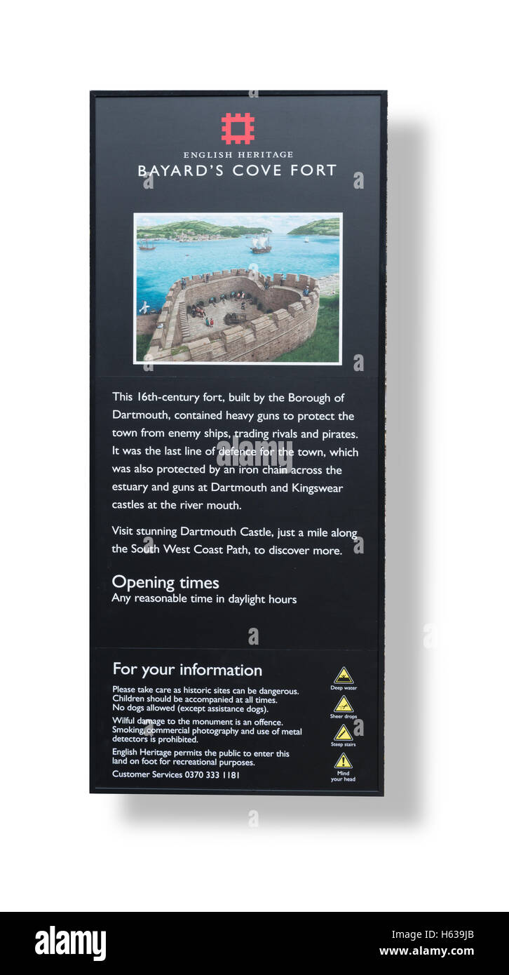 English Heritage information signe pour Bayard's Cove Fort, Dartmouth, Devon UK Banque D'Images
