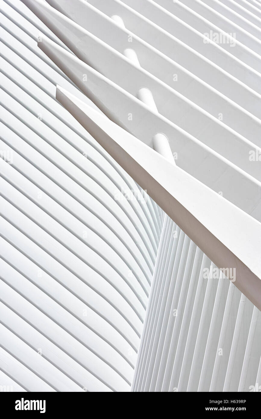 Résumé de l'acier blanc façade de côtes. L'Oculus, World Trade Center Transportation Hub, New York, United States. Architecte : Santiago Calatrava, 2016. Banque D'Images
