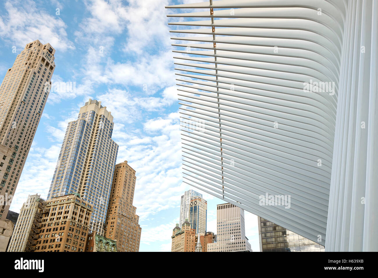 Manhattan skyline avec 09/11 memorial, oculus et des tours. L'Oculus, World Trade Center Transportation Hub, New York, United States. Architecte : Santiago Calatrava, 2016. Banque D'Images