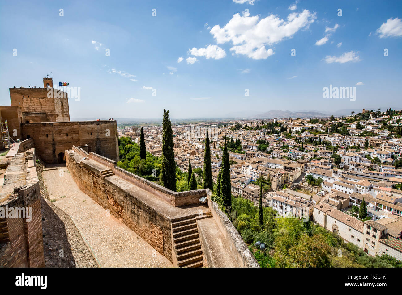 Vue panoramique de l'Alcazaba de l'Alhambra et l'Albaicin, l'Albaycin (Albaicin, Grenade), un vieux quartier musulman de Grenade, Espagne Banque D'Images