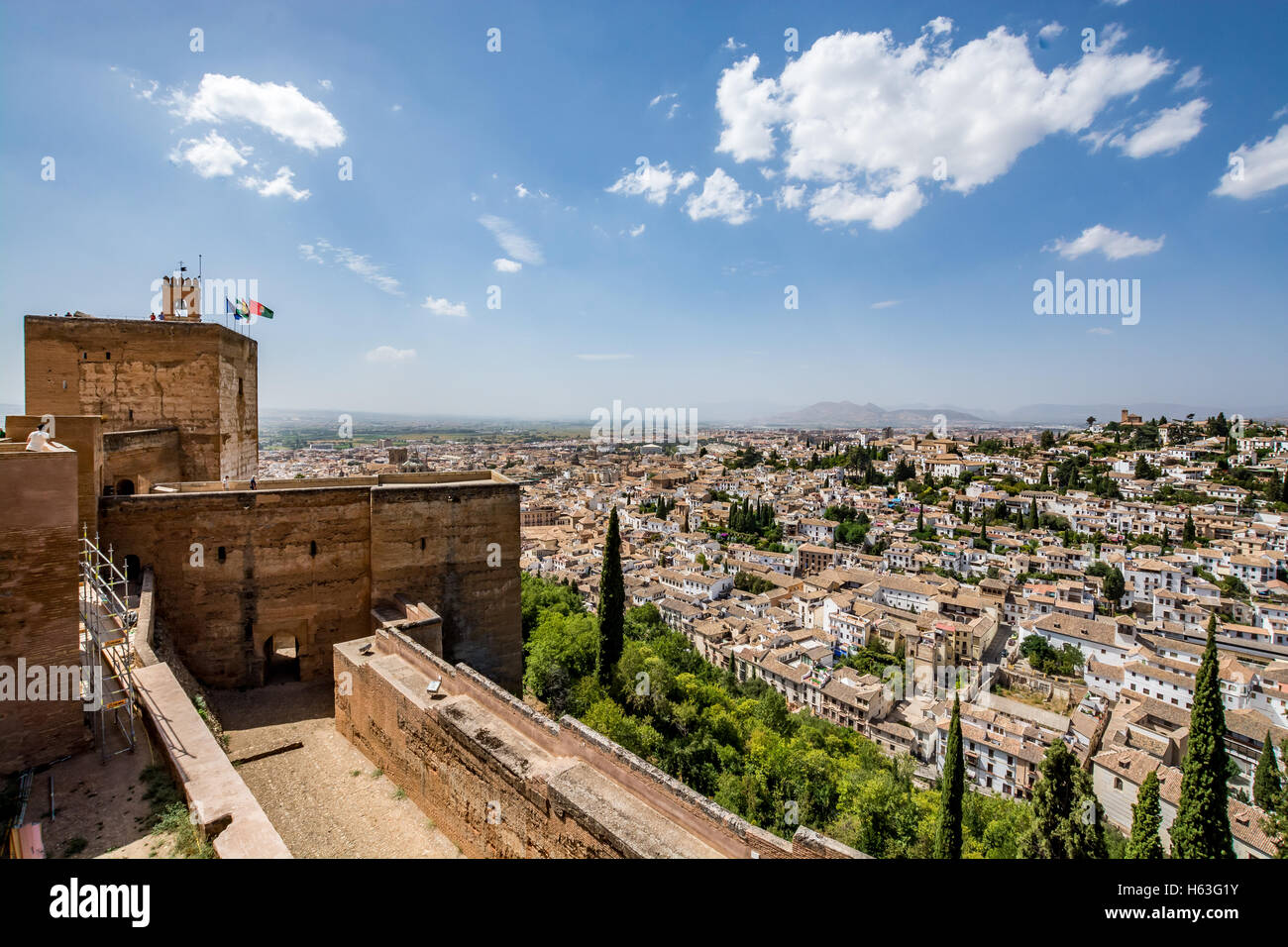 Vue panoramique de l'Alcazaba de l'Alhambra et l'Albaicin, l'Albaycin (Albaicin, Grenade), un vieux quartier musulman de Grenade, Espagne Banque D'Images