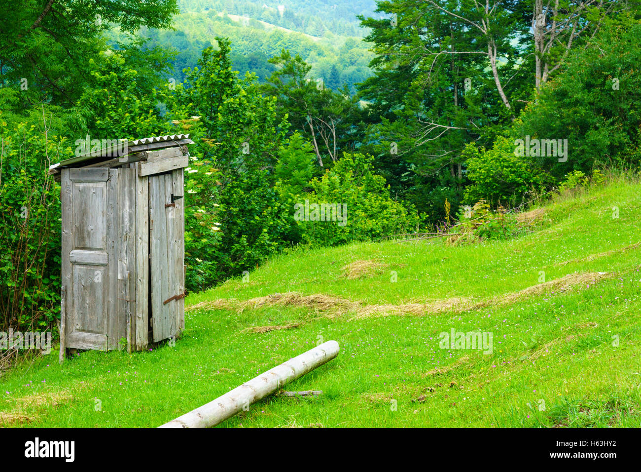 Une cabine des toilettes en bois dans la zone centrale, le long de la Kolasin - Andrijevica road) Banque D'Images