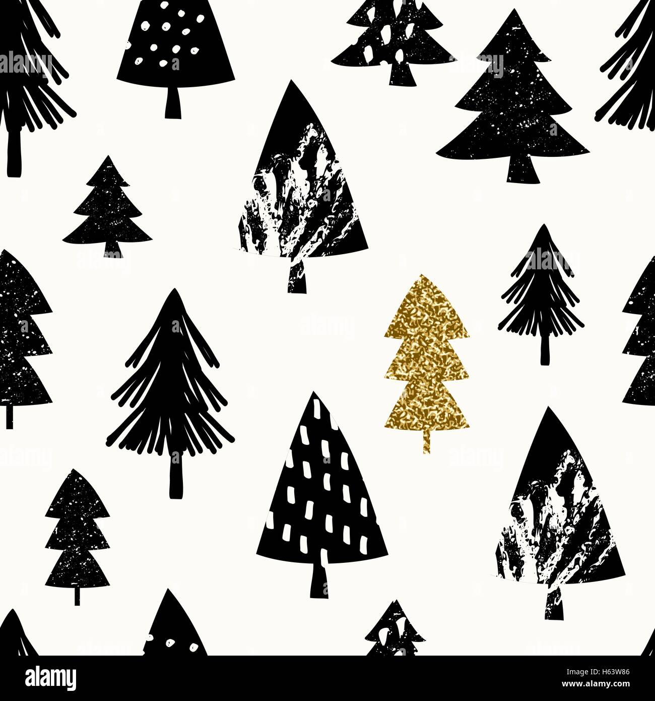 Texture transparente Motif répétitif avec des arbres de Noël en noir et or glitter sur fond blanc. Illustration de Vecteur
