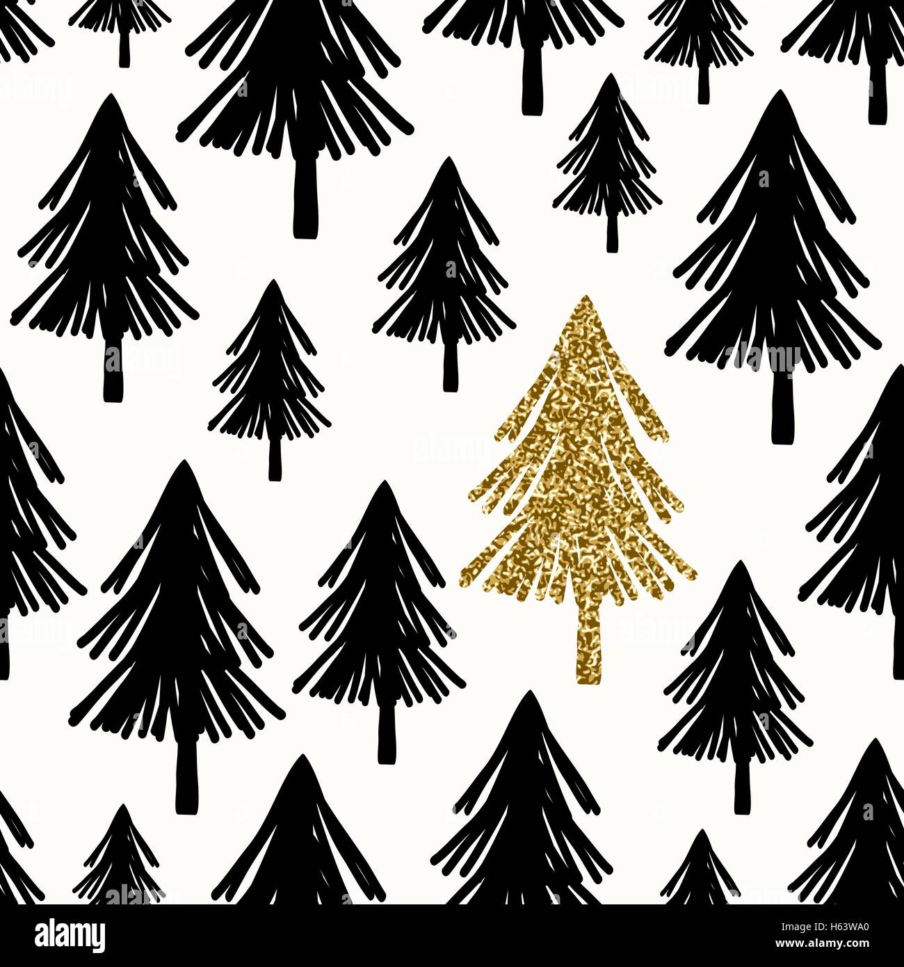 Un motif répétitif avec des arbres de Noël à paillettes noir et or sur fond blanc. Illustration de Vecteur