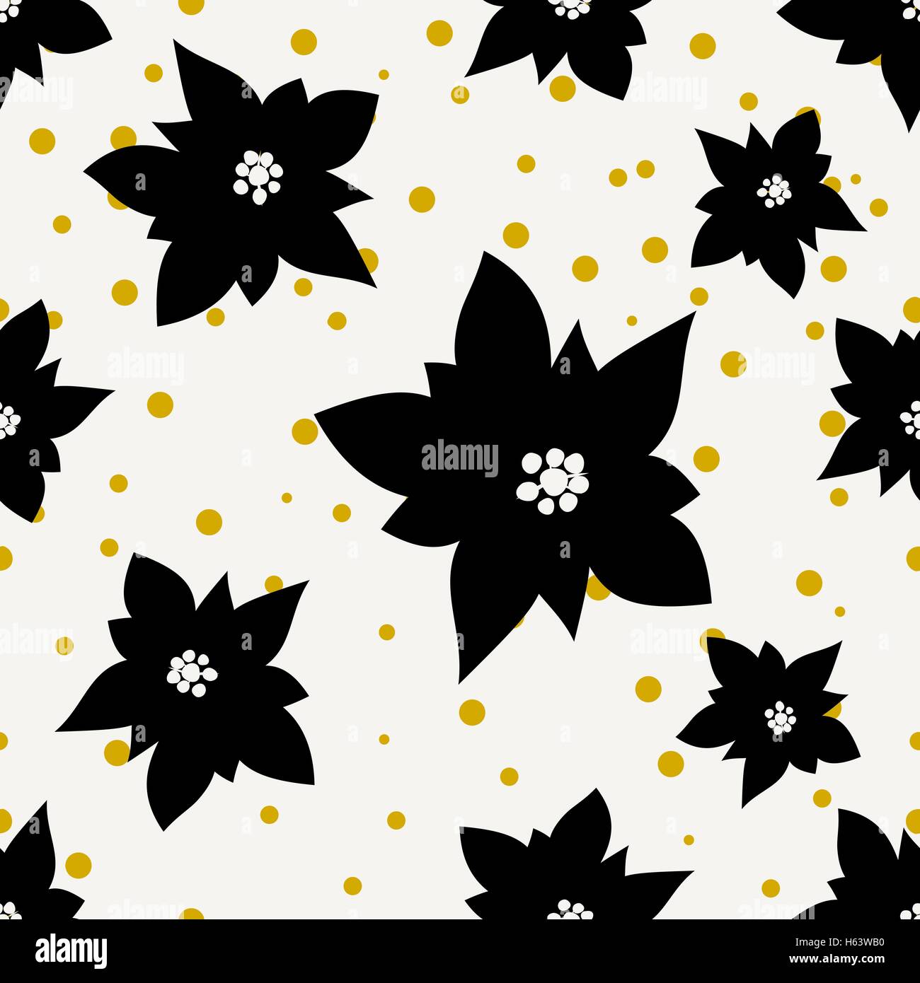 Motif répétitif sans couture avec confettis jaune et fleurs de poinsettia en noir sur fond crème. Arrière-plan de fête, carrelage. Illustration de Vecteur