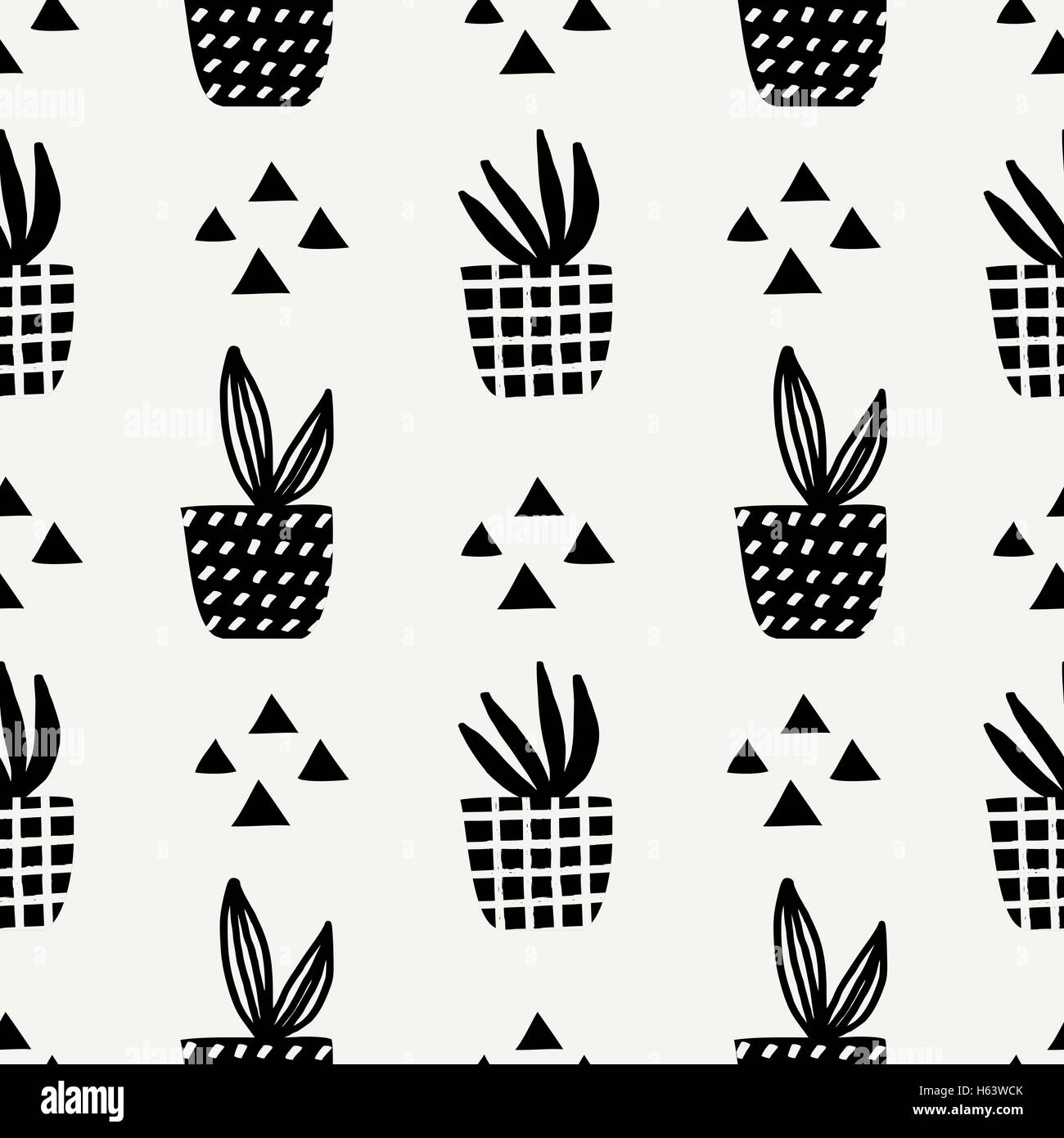 Motif répétitif sans triangle avec formes et succulent plant pots en noir sur fond crème. Illustration de Vecteur