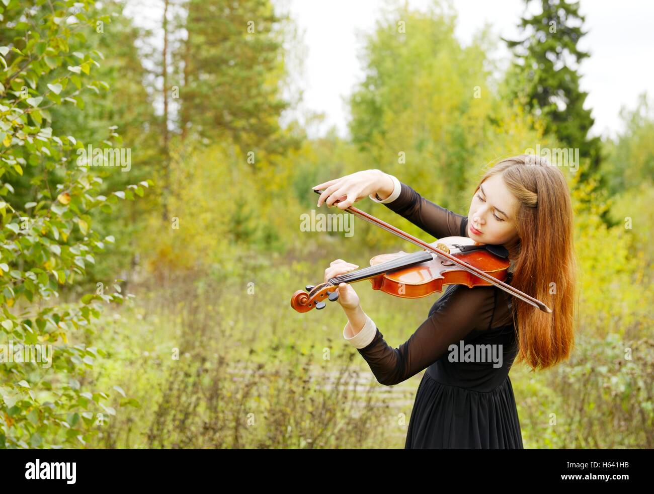 Fille avec violon dans la forêt Banque D'Images