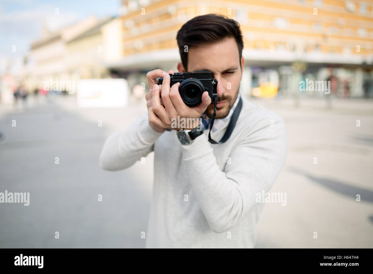 Des photos de l'extérieur de tourisme photographe avec appareil photo Banque D'Images