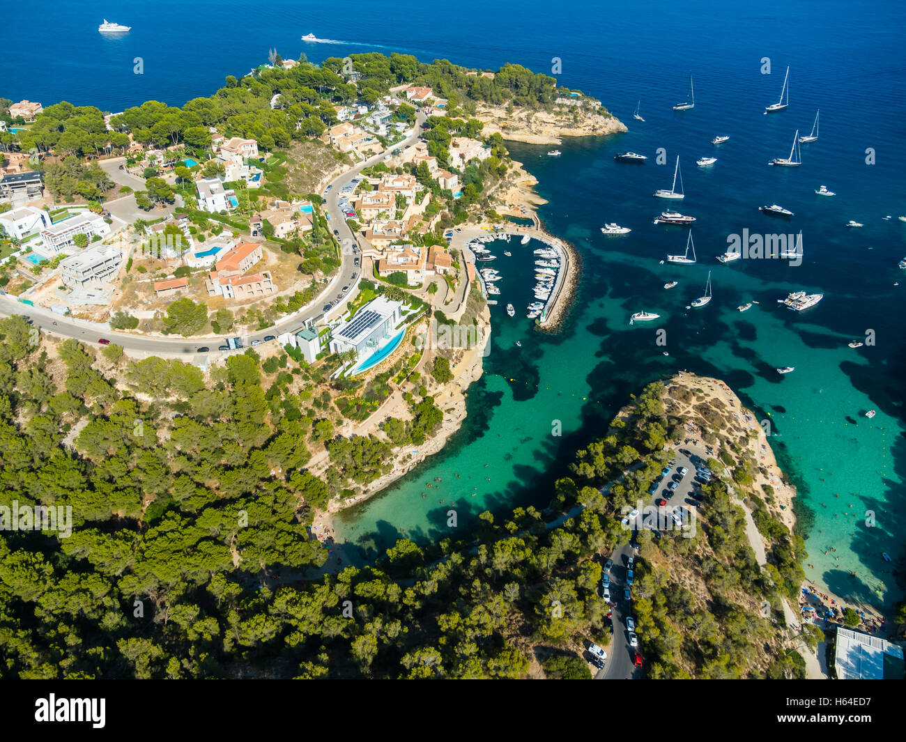Espagne, Majorque, Palma de Mallorca, vue aérienne, El Toro, Villas et yachts près de Portals Vells Banque D'Images