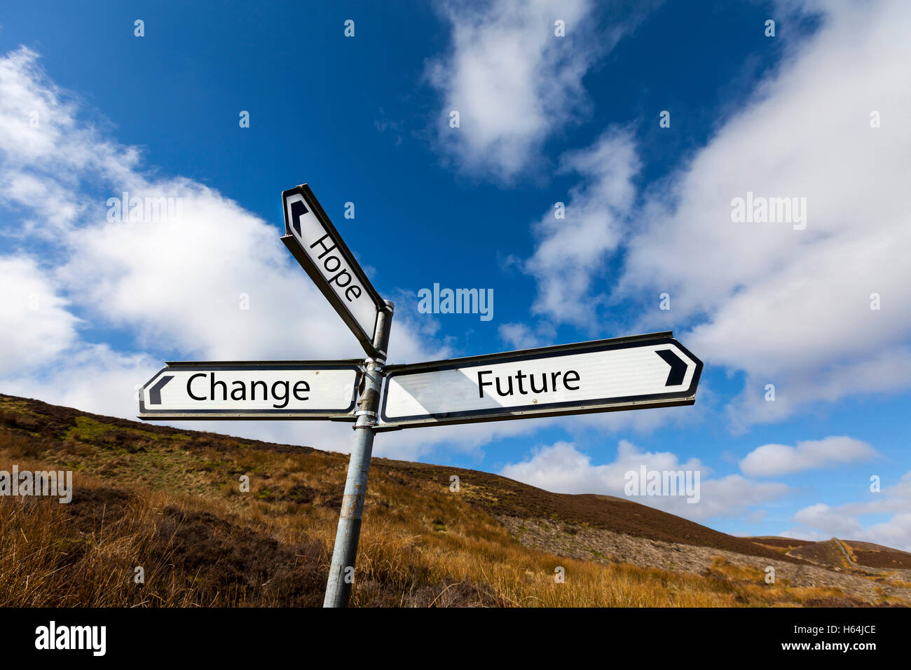 Changement futur espoir concept futur signer ayant l'espoir de vouloir changer les perspectives futures outlook UK GB Angleterre Banque D'Images