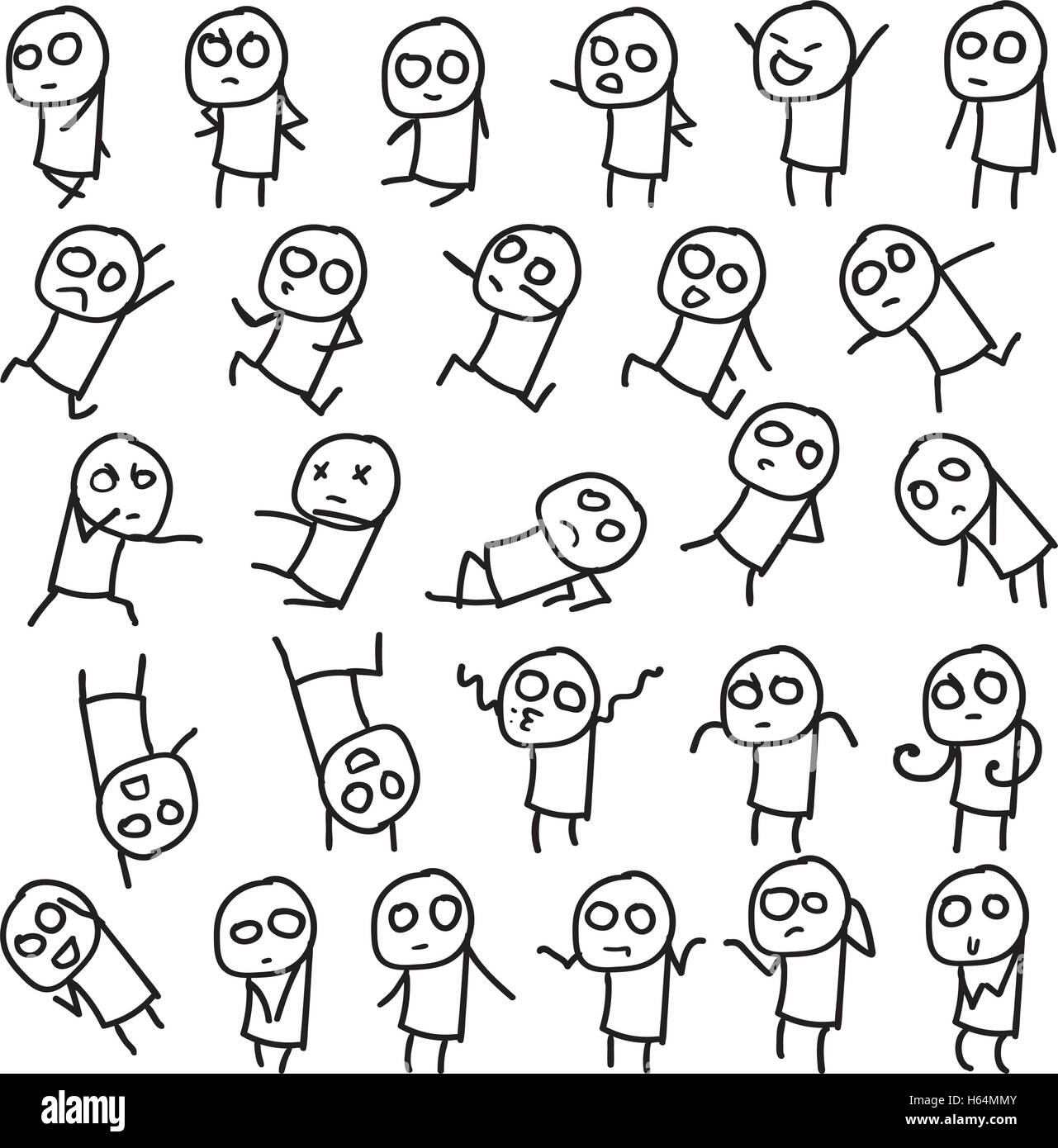Ensemble de 27 figures bâton dans diverses poses / émotions. Hand drawn doodle. Illustration vectorielle, décrit sur fond blanc. Illustration de Vecteur