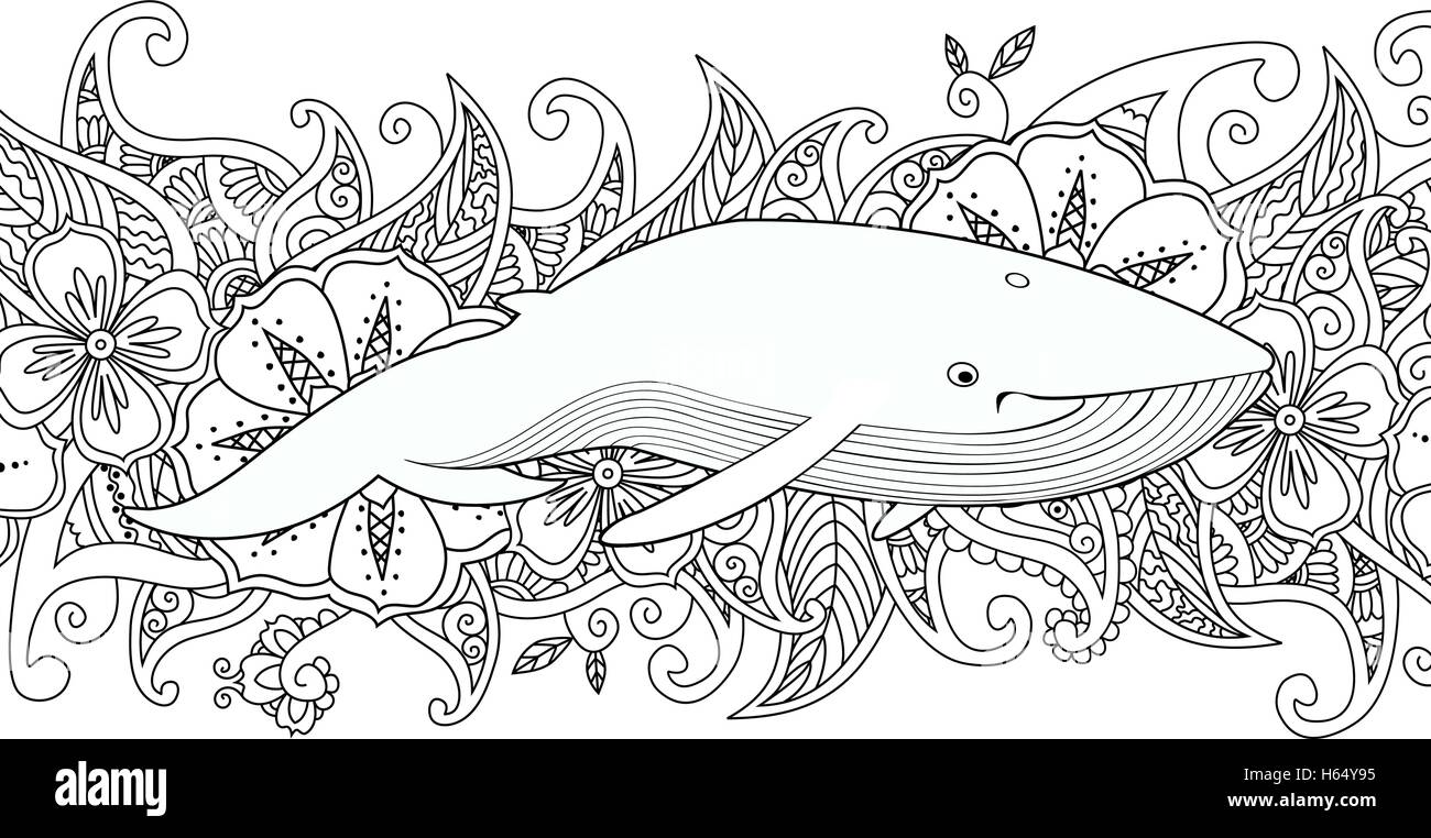 Coloriage avec baleine dans la mer de fleurs sur fond de la frontière Image  Vectorielle Stock - Alamy