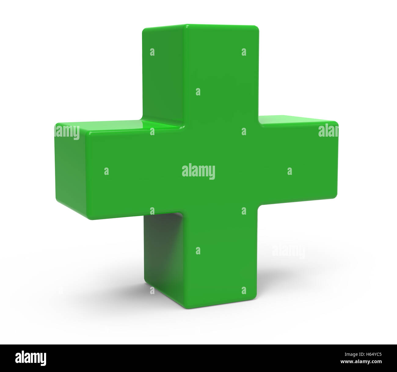 Signe plus vert isolé sur fond blanc, gauche, 3D Rendering Banque D'Images